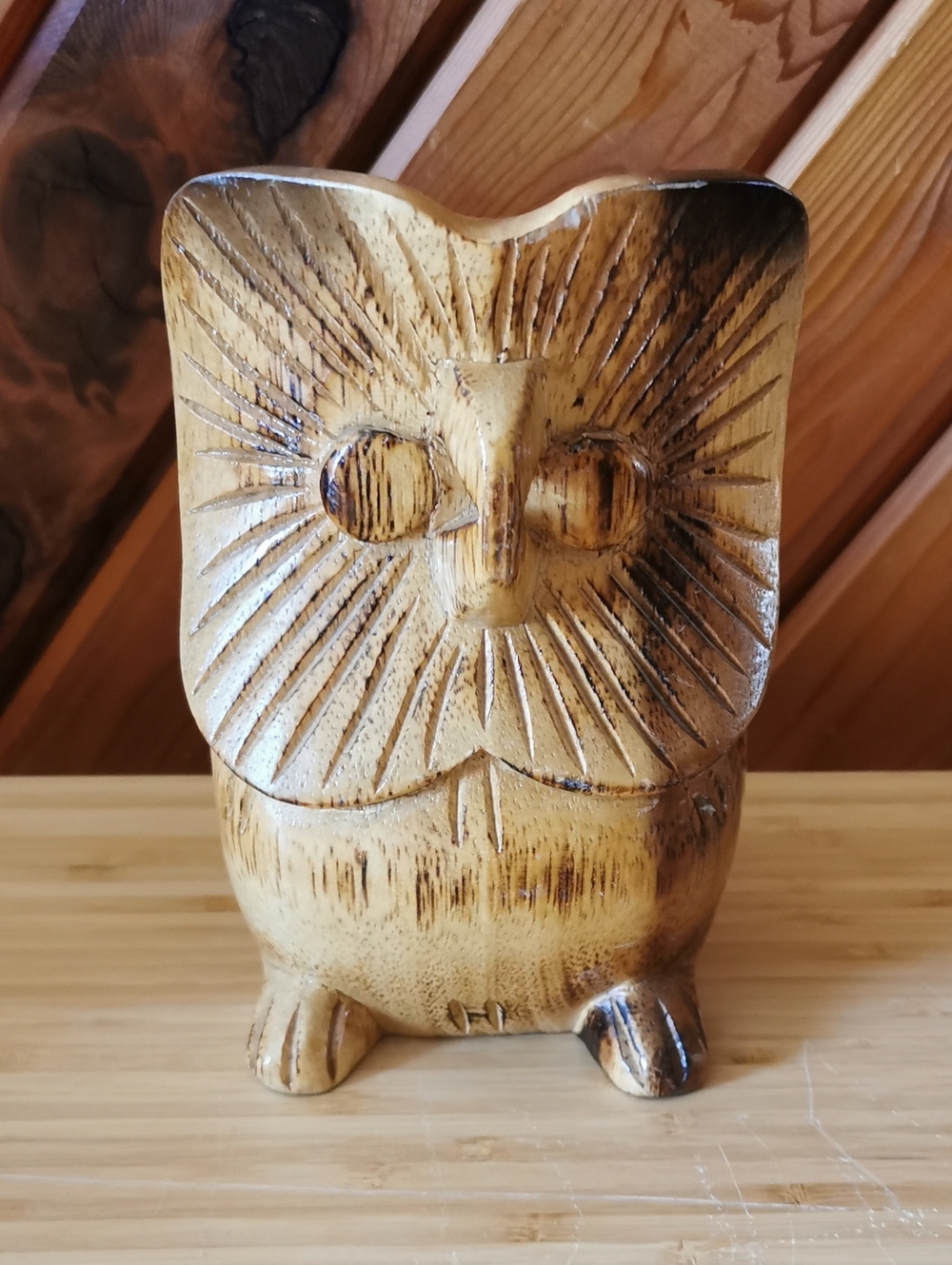 Hand-Carved Wooden Owl Sculpture – 6" Tall